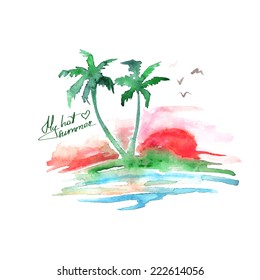 Tropical Island With Palm Trees. Vector Watercolor Background