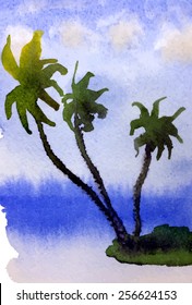 Tropical island with palm trees. Vector watercolor background