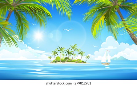 Tropical island with palm trees. Vector illustration