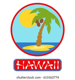 Tropical island with palm trees. Vector illustration icon lettering Hawaii .