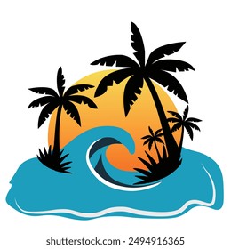 Tropical island  with palm trees and a wave T-shirt Design isolated on  white background