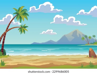 Tropical island with palm trees and yellow sand in ocean. Uninhabited isle beach, rocks surrounded sea water. Empty land and no people. Exotic natural landscape for vacation or summer weekend holiday