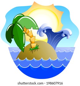 Tropical island with palm and waves. Vector illustration.
