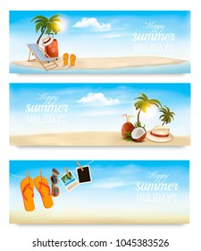 Tropical island with palms, a beach chair and a suitcase. Vacation vector banners. Vector.