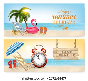 Tropical island with palms, a beach chair and a cocktail. Last Minute. Alarm clock in Tropical Beach. Vacation vector banners.