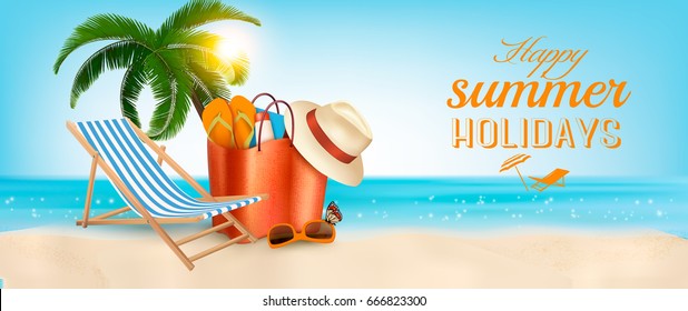 Tropical Island With Palms, A Beach Chair And A Ocean. Vacation Vector Banner.