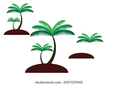 Tropical Island Palms: Colorful Illustration for Summer Vibes A vector graphic showcases three stylized palm trees growing on small islands. 