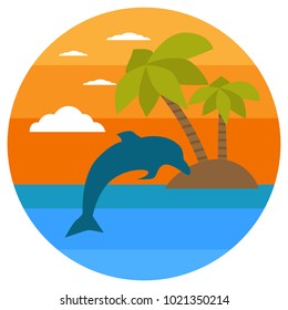 Tropical island, palms, dolphin. Summer Banners with marine symbols. Vector illustration. Tropical sunset. I love summer concept.Silhouette of dolphin jumping out of water in the ocean at sunset