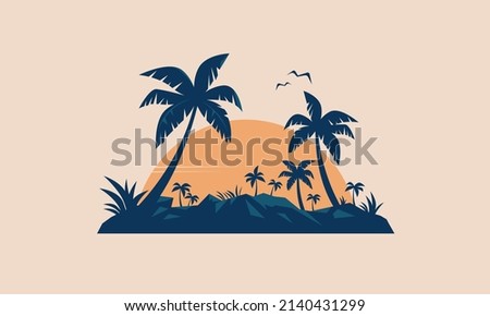 Tropical Island Palms Logo Beach Travel Retro Postcard Vintage Design Vector Icon Paradise Deserted Exotic Pacific Sea Sand Ocean Summer Vacation Palm Silhouette Sunset Сток-фото © 