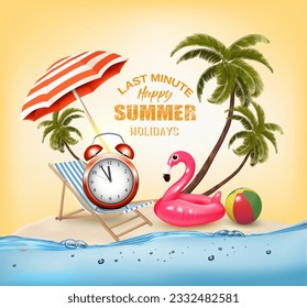 Tropical island with palms and pink inflatable flamingo on the  ocean. Last Minute. Vacation vector background.