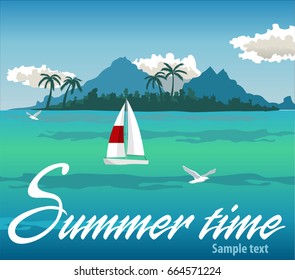 Tropical island with palms. Sea island illustration, sailboat, coast landscape, tropical palm on island far from shore.