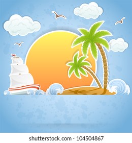 Tropical Island with palms and Ship in ocean, illustration.