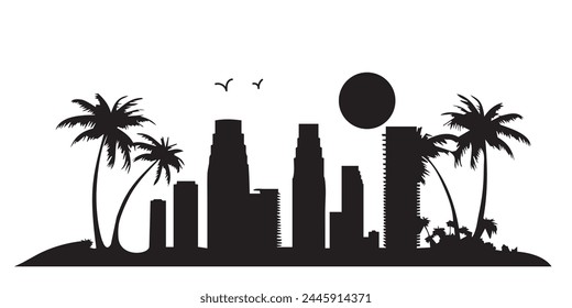 Tropical island with palms and skyscrapers. Vector illustration.