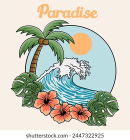 Tropical island with palms. Summer beach. Vintage retro summer beach illustration. Tropical paradise island illustration for t-shirt, print, apparel, poster, invitation. Surfing beach illustration.