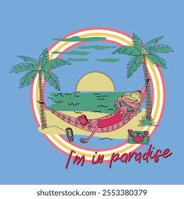 Tropical island with palms. Summer beach. Vintage retro summer beach illustration. Tropical paradise island illustration for t-shirt, print, apparel, poster,