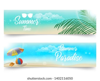 Tropical island with palms, summer holiday on beach. Vacation vector banner. - Vector