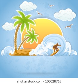 Tropical Island with palms and surfing on waves, illustration.