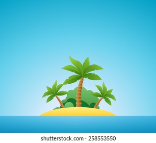 Tropical Island With Palms Under Blue Sky, Vector Nature Landscape Illustration 