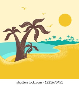tropical island with palms .Vector poster nature seascape with blue ocean waves background 
