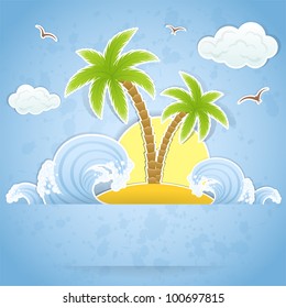 Tropical island with palms and waves, illustration