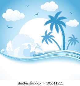 Tropical Island with palms and waves, illustration.