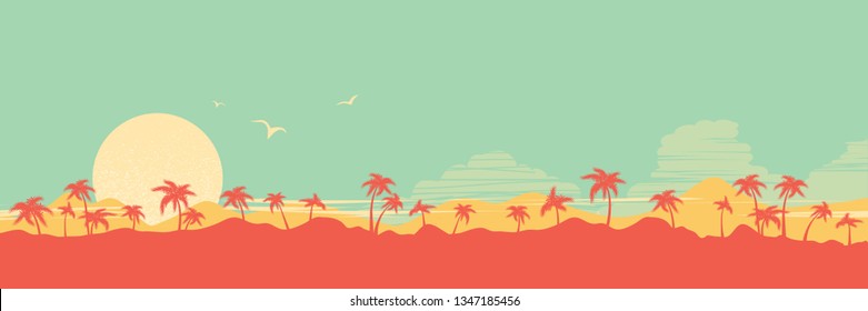 Tropical island paradise background with palms silhouette and sky illustration