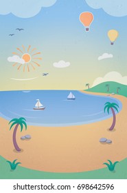 Tropical Island Paradise - illustration with a tropical island, palm trees, beach and boats sailing on the calm ocean.