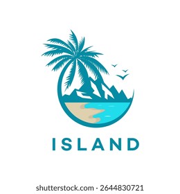 Tropical Island Paradise Palm Tree, Beach, Ocean, Mountains Logo Design