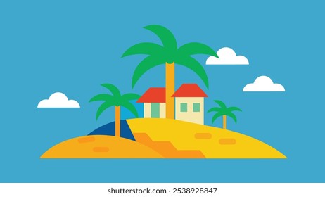 Tropical Island Paradise with Palm Trees and House