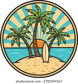 Um paraíso de ilha tropical com palmeiras, uma prancha de surfe e um belo design de vetor de pôr do sol