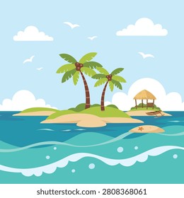 Tropical island paradise scene featuring palm trees, a sandy beach, a thatched hut, and calm turquoise ocean water under a clear blue sky, flat vector illustration.