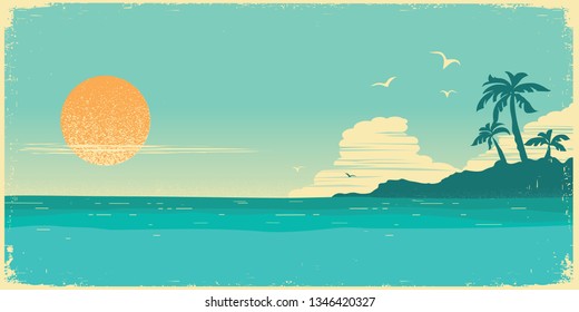 Tropical island paradise.Vintage poster background with palms silhouette and blue sky and sun