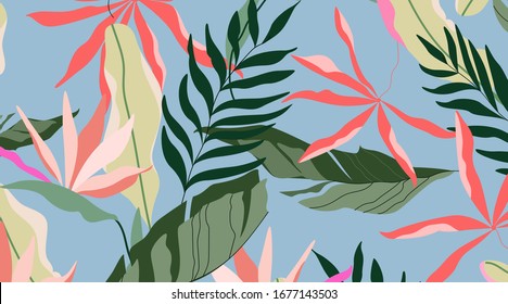 Tropical island pattern. Blue background seamless design. Hawaiian palm leaves, banana leaves and strelitzia flowers. Beautiful summer paradise concept. Banner, leaflet design element.