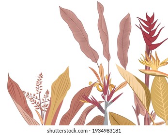 Tropical island pattern. Blue background design. Hawaiian palm leaves, banana leaves and flowers. Beautiful summer paradise concept. Banner, leaflet design element.