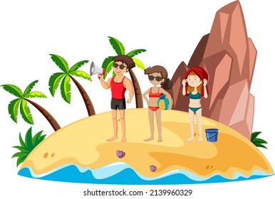 Tropical island with people on vacation illustration