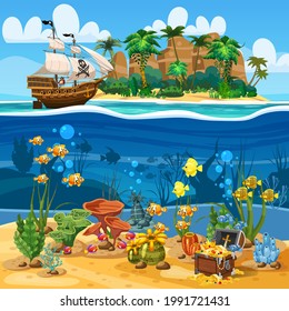 Tropical Island Pirate ship naval under sail in ocean. Underwater sea bottom, coarl reef, fish, seaweeds, ancient treasure cheast. Sea landscape coast, tropical, palms, beach, sand, adventure, game