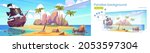 Tropical island with pirate ship and treasure chest on beach. Vector parallax background for game animation with cartoon sea landscape with wooden boat with skull on sails and palm trees on coast