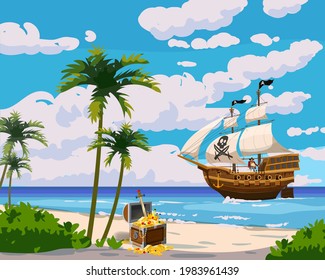 Tropical Island Pirate ship under sail in ocean, treasure cheast, tropical, palms. Sea landscape coast, beach, sand, adventure, game. Vector illustration