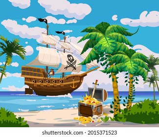 Tropical Island Pirate ship under sail in ocean, treasure cheast, tropical, palms. Sea landscape coast, beach, sand, adventure, game. Vector illustration