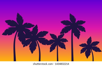 Tropical island resort beach. Palm trees and sunset evening sky. Summer vacation landscape. Seaside background. Exotic jungle paradise. Beach vector illustration.