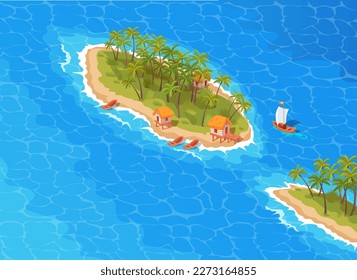 Complejo de islas tropicales con cabañas y barcos ilustración isométrica