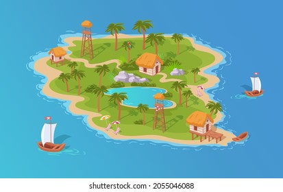 Tropical island resort with palms, lake , huts and sea beach colorful isometric illustration