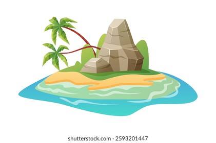 Tropical island. Rock and palm leaves on sand beach, exotic resort, ocean seashore. Coconut tree, paradise uninhabited land. Mountain summer landscape. Vector cartoon flat style isolated illustration