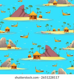 Tropical island with rocks and palm trees. Summer vacation seamless pattern. Sea boats. Repeated print. Seashore bungalows. Summertime travel. Seaside nature landscape. Vector background
