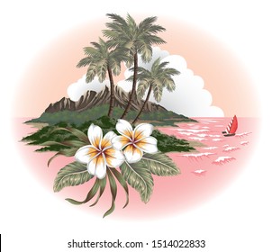 A tropical island scene with exotic flowers with jungle leaves. Vector illustration.