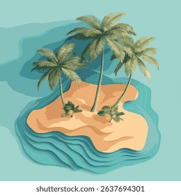 Tropical island scene featuring palm trees surrounded by calm ocean water with a paper cutout effect