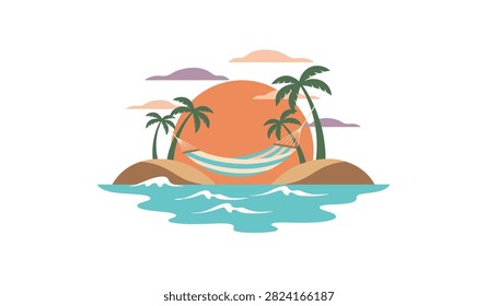 Tropical island scene with a hammock between palm trees under a setting sun over ocean waves representing a perfect relaxing summer vacation.