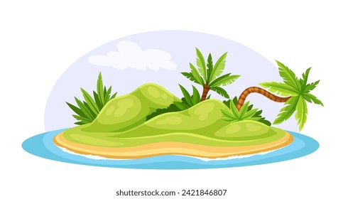 Tropical island scene. Hills with palms and sand beach. Exotic coastline with lake. Paradse and hawaii. Social media sticker. Cartoon flat vector illustration isolated on white background