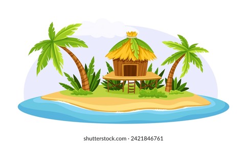 Tropical island scene. House with palms and sand beach. Exotic coastline with lake. Paradse and hawaii. Template and layout. Cartoon flat vector illustration isolated on white background