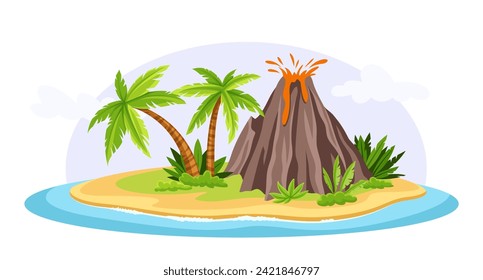 Tropical island scene. Volcano with palms and sand beach. Exotic coastline with lake. Paradse and hawaii. Poster or banner. Cartoon flat vector illustration isolated on white background